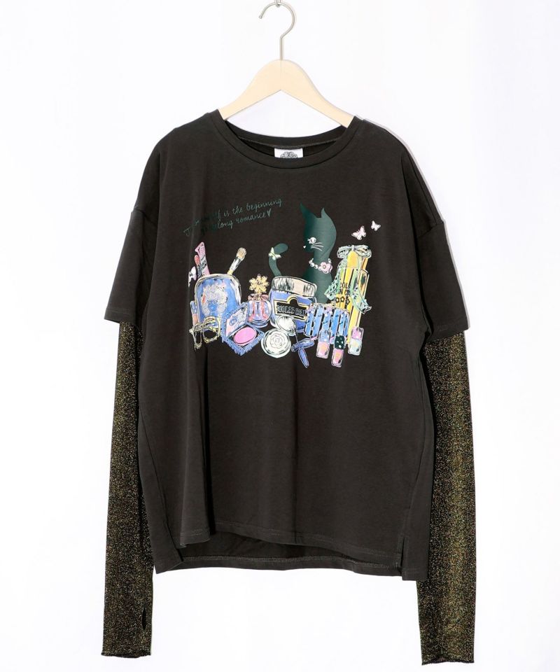 ネコとコスメ柄 チュール切替ロングスリーブTシャツ-10