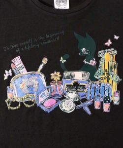 ネコとコスメ柄 チュール切替ロングスリーブTシャツ-11