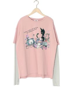ネコとコスメ柄 チュール切替ロングスリーブTシャツ-12
