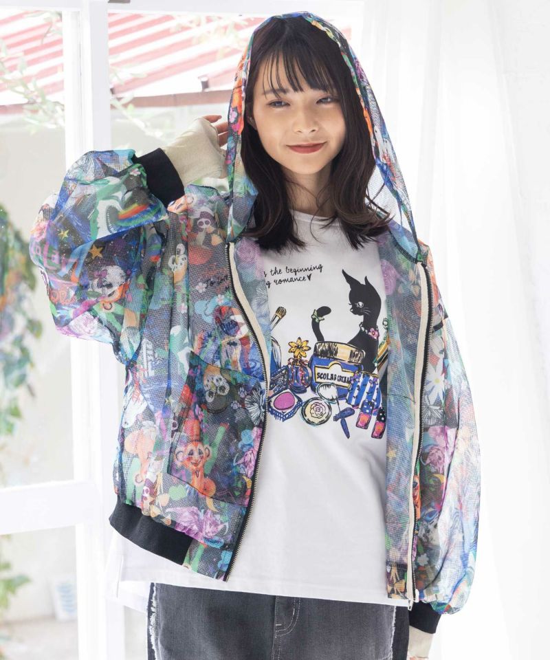 ネコとコスメ柄 チュール切替ロングスリーブTシャツ-18