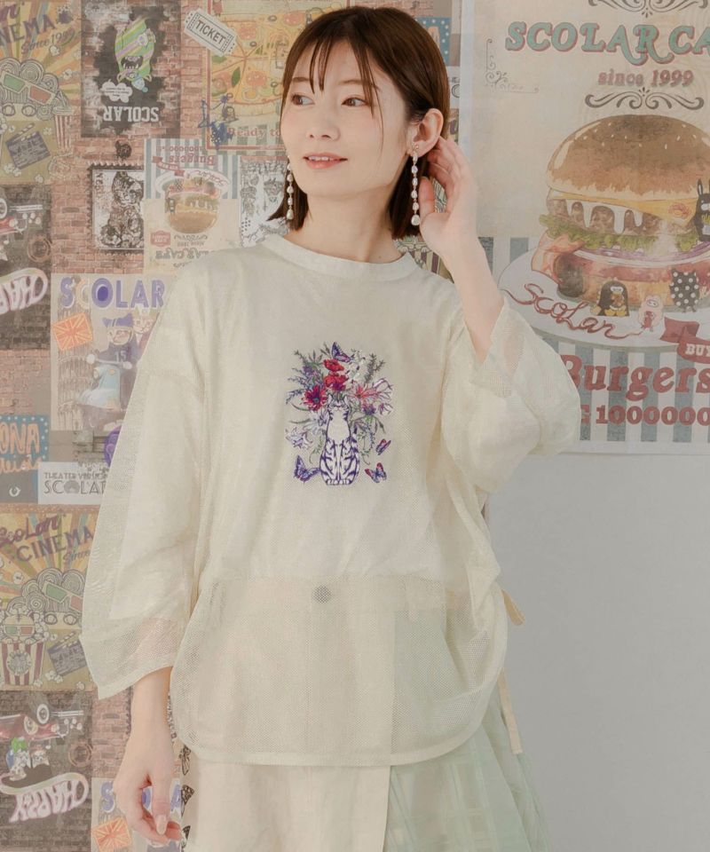 ネコ花刺繍メッシュ重ねプルオーバー-8