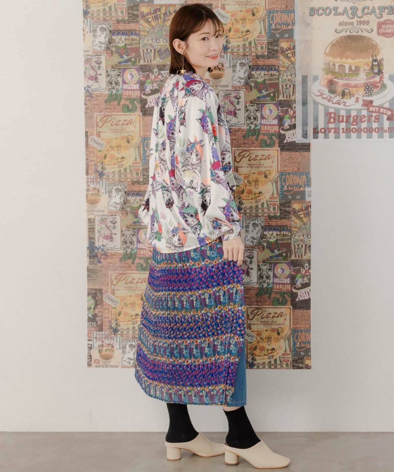 蝶ネコ・小花柄 異素材切替プリーツスカート-6