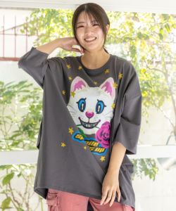 バラをくわえたネコ柄 ラメプリントチュニック-1