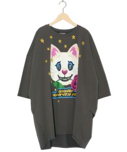 バラをくわえたネコ柄 ラメプリントチュニック-6