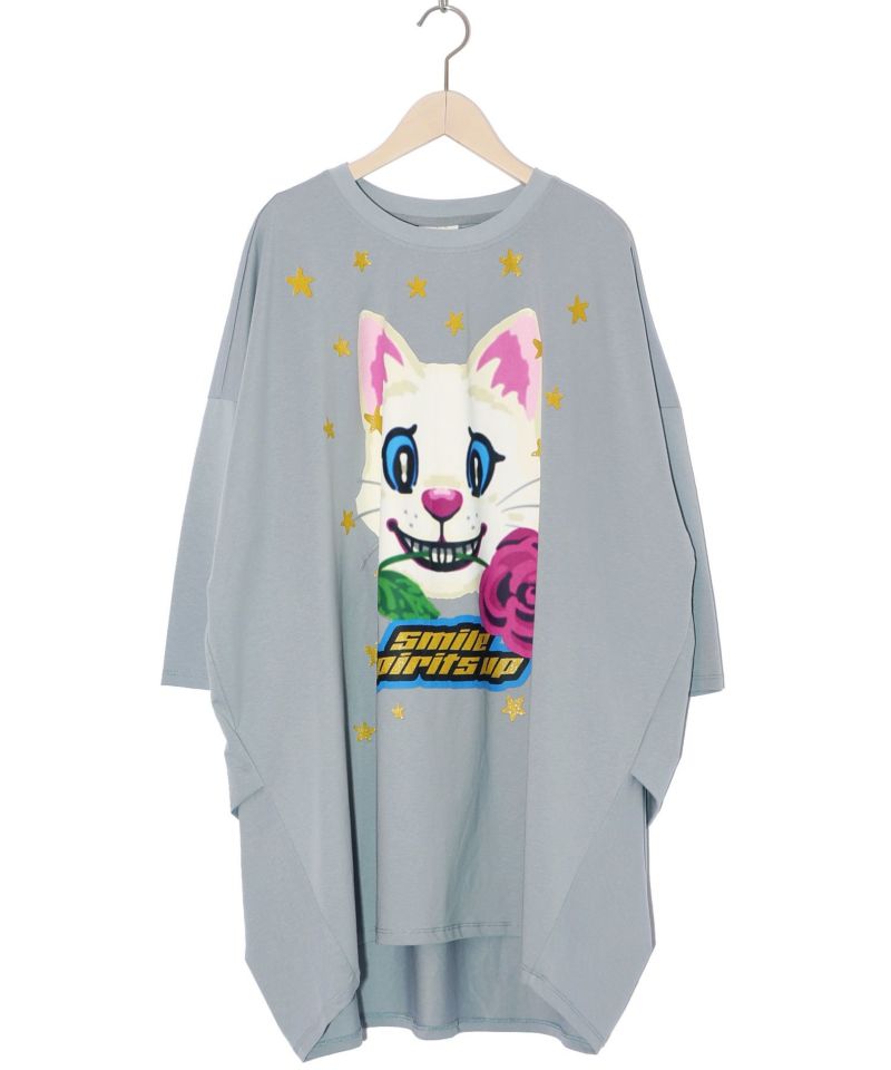 151642：バラをくわえたネコ柄 ラメプリントチュニックの通販-ScoLar