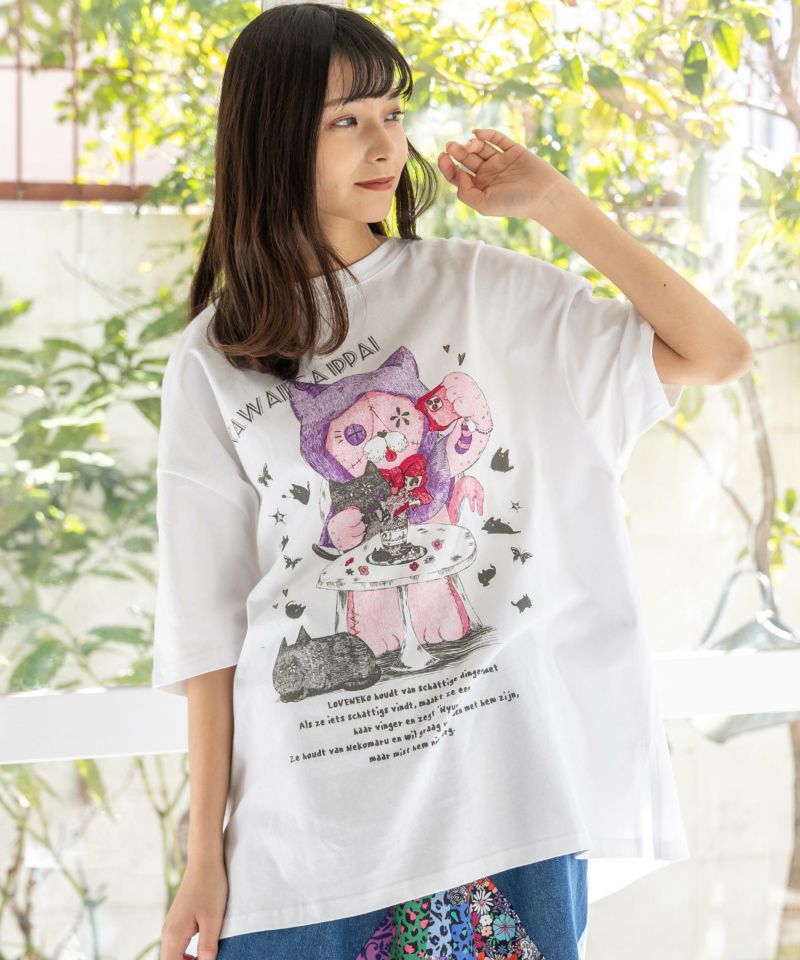 猫丸ラブみの映えニャン柄Tシャツ-1