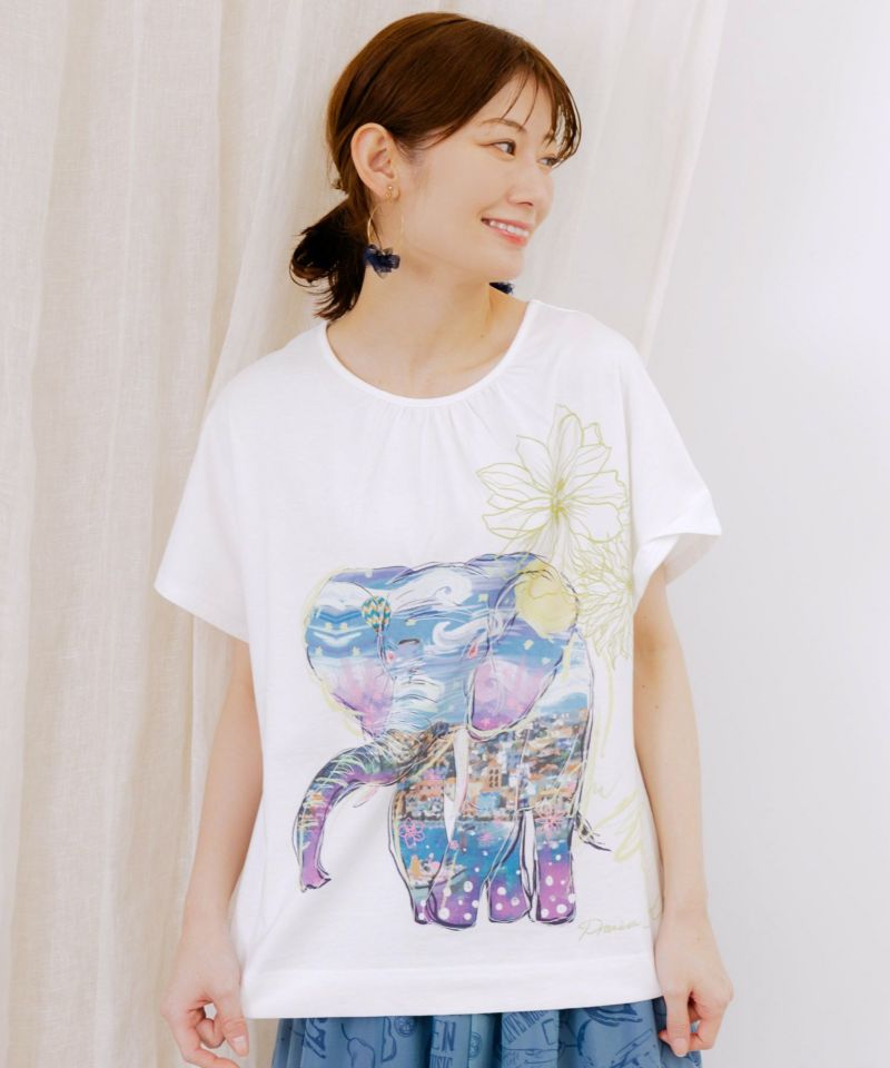 地中海ゾウ柄 アートプリントTシャツ-1