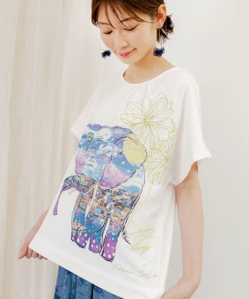 地中海ゾウ柄 アートプリントTシャツ-2