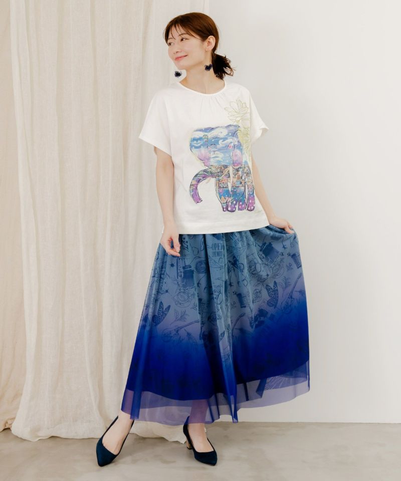 地中海ゾウ柄 アートプリントTシャツ-3