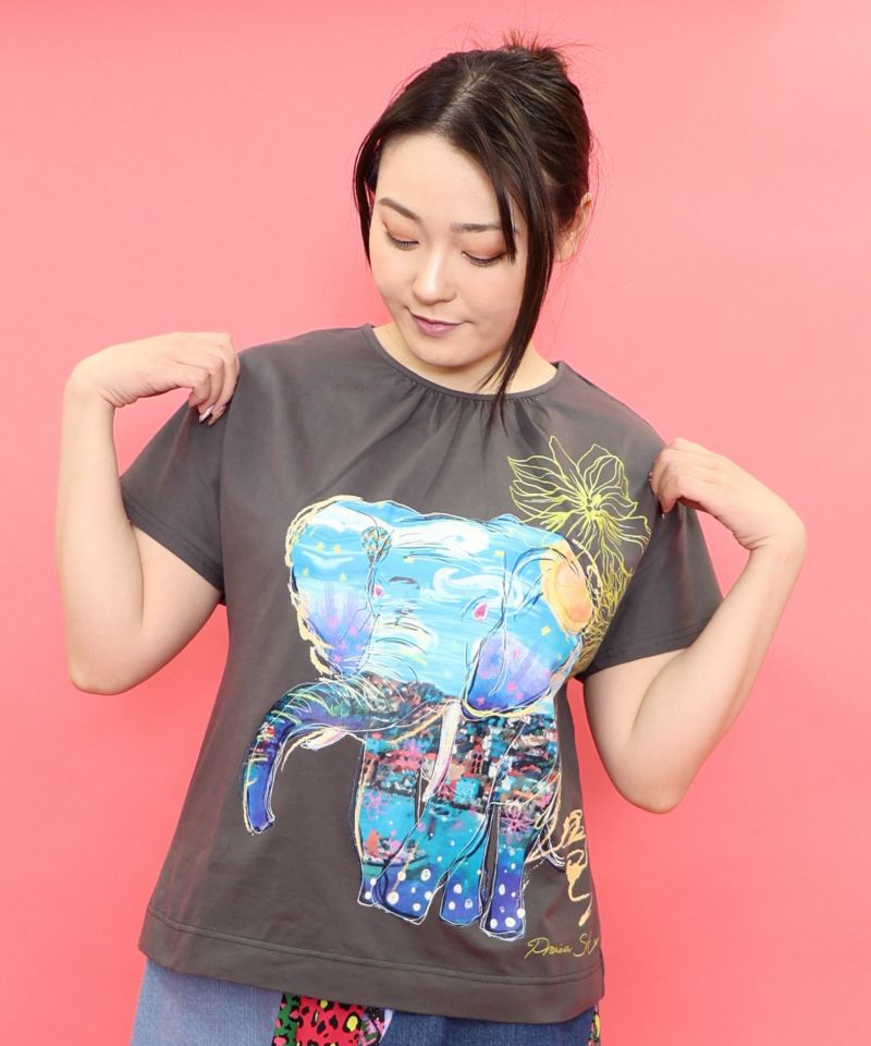 地中海ゾウ柄 アートプリントTシャツ-22