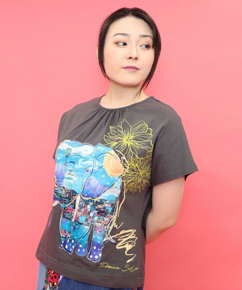 地中海ゾウ柄 アートプリントTシャツ-23