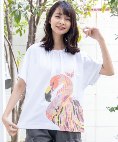 751001：アートフラミンゴ柄Tシャツ