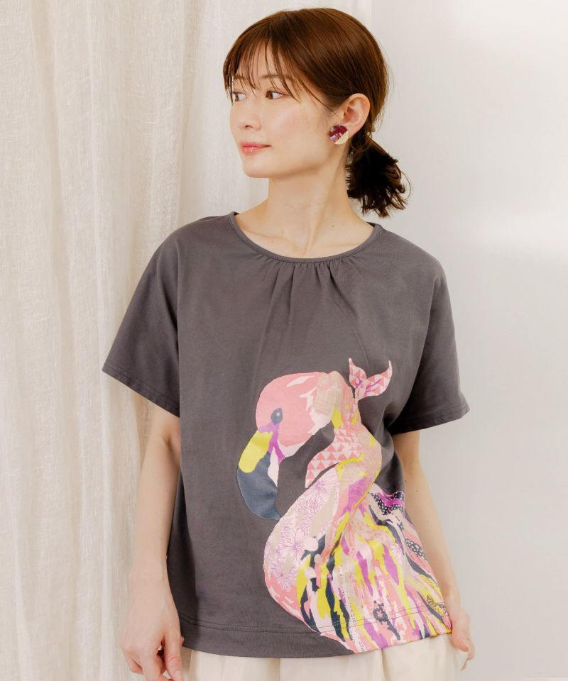 アートフラミンゴ柄Tシャツ-12