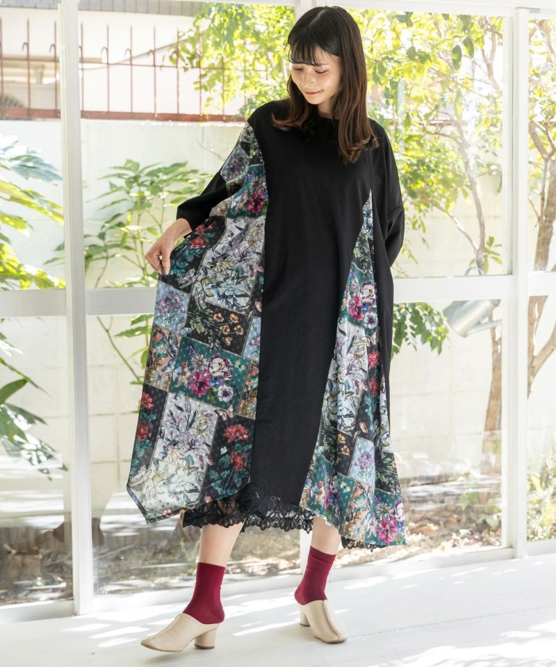 花蝶パッチワーク柄 切替ワンピース-1