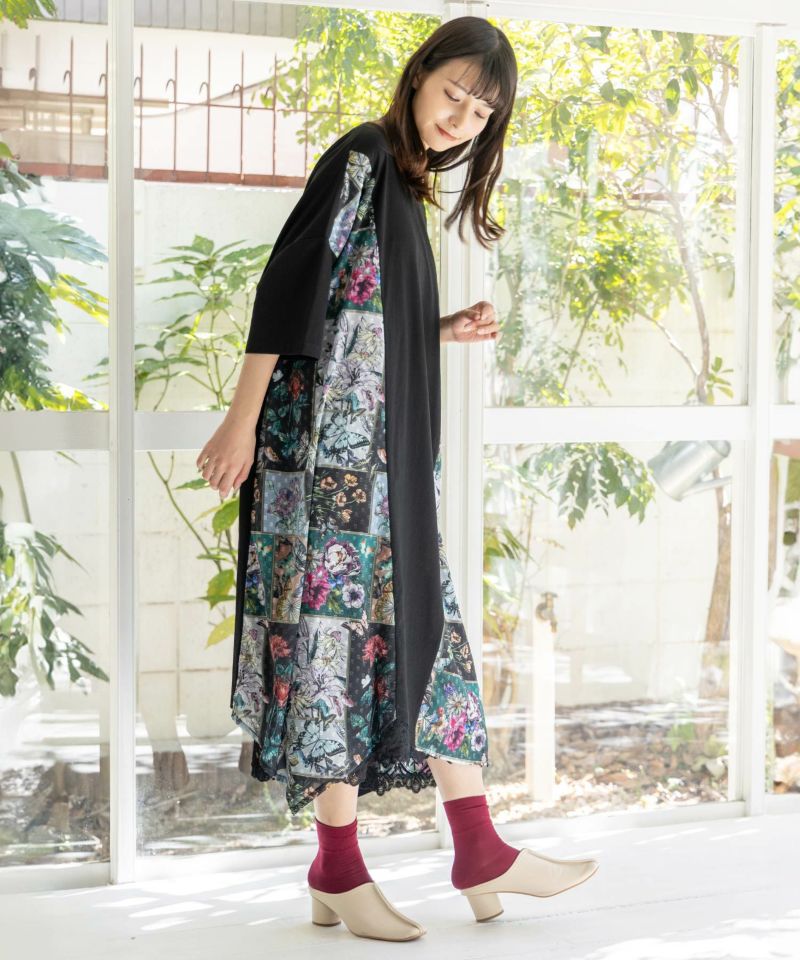 花蝶パッチワーク柄 切替ワンピース-2