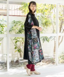 花蝶パッチワーク柄 切替ワンピース-4