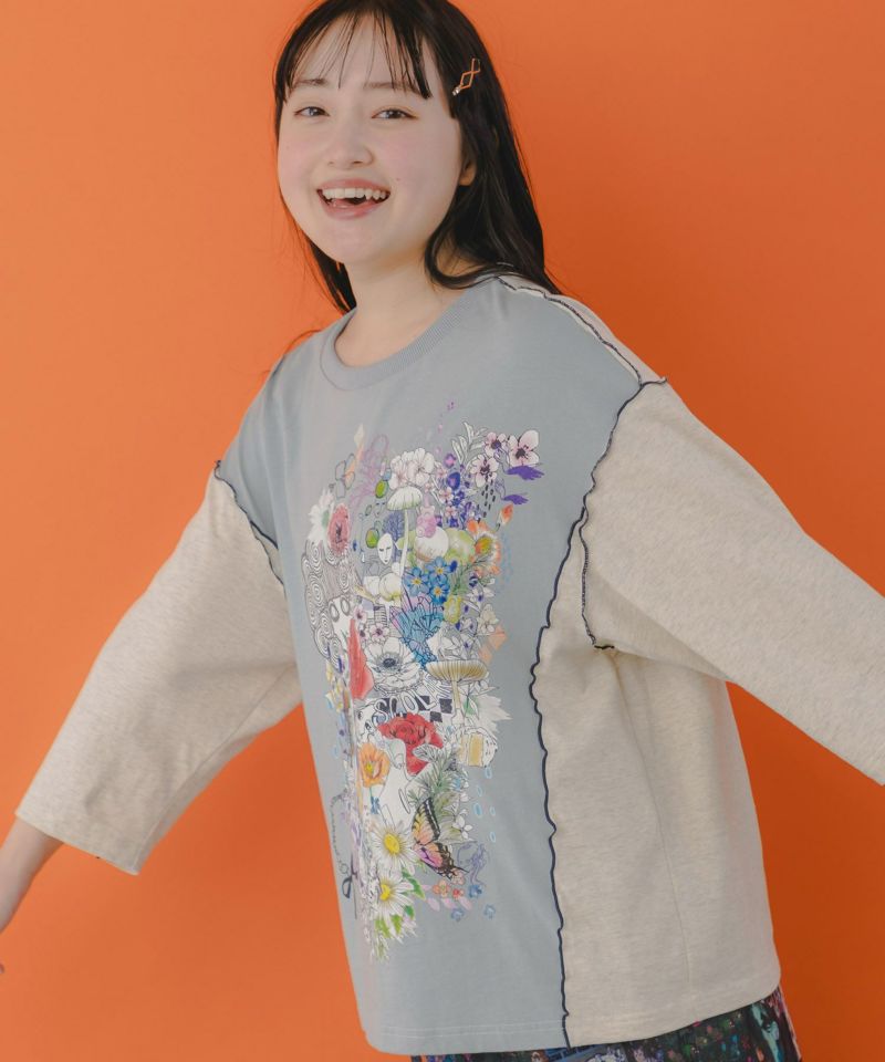 スカラーちゃんと花 バイカラー7分袖Tシャツ-6