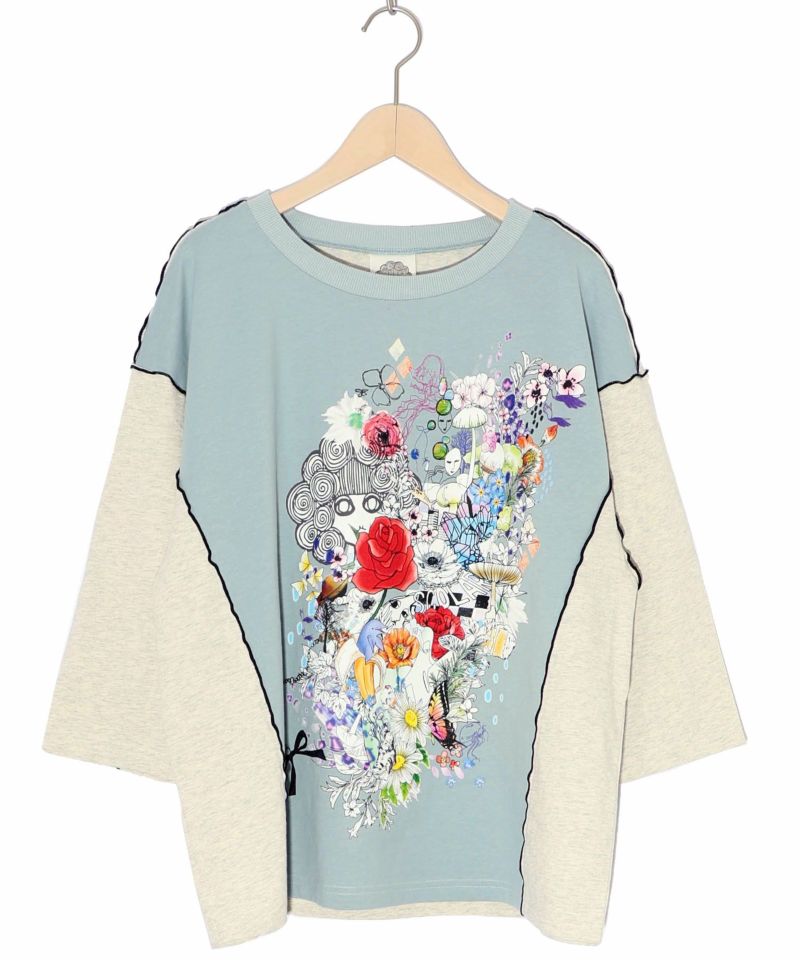 スカラーちゃんと花 バイカラー7分袖Tシャツ-8