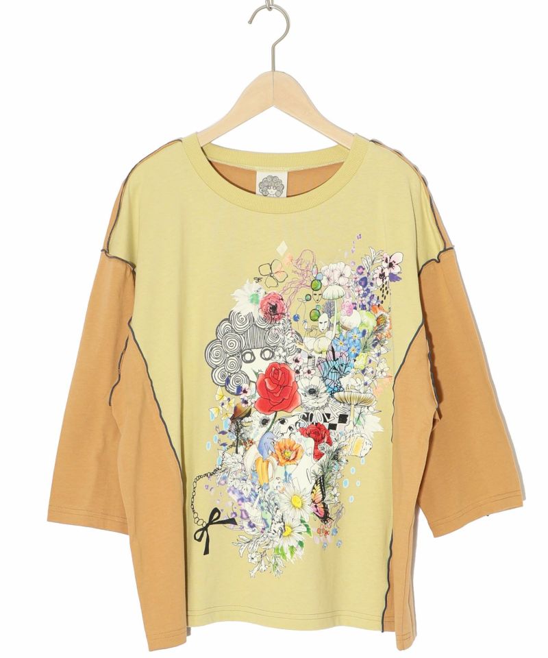 スカラーちゃんと花 バイカラー7分袖Tシャツ-11