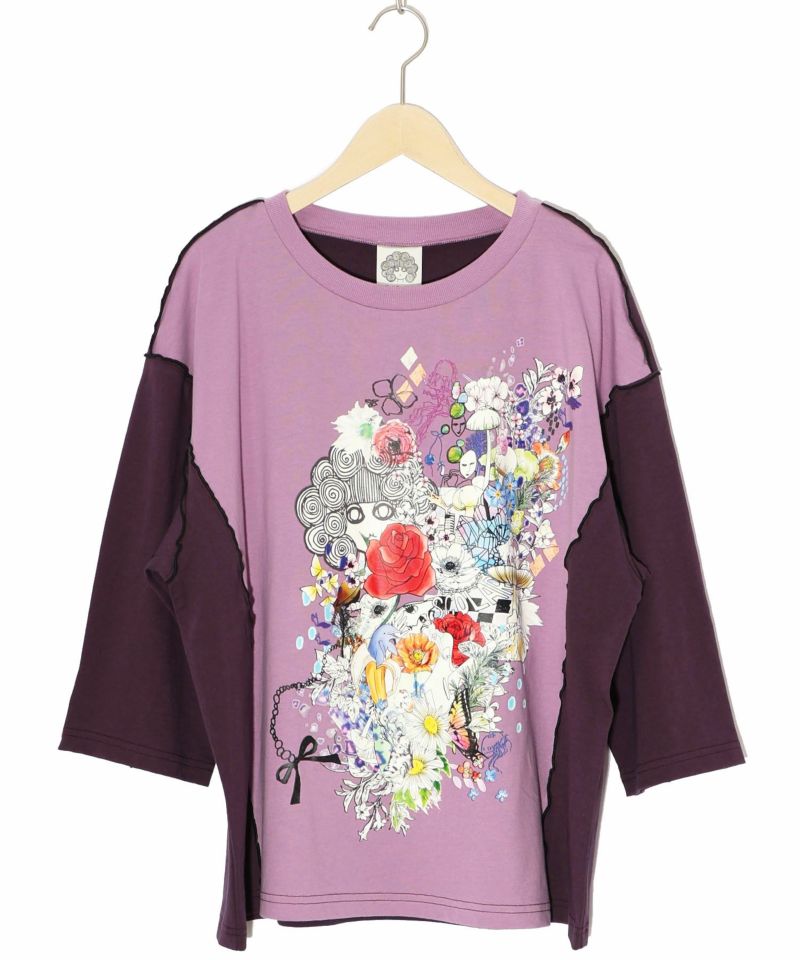 スカラーちゃんと花 バイカラー7分袖Tシャツ-17