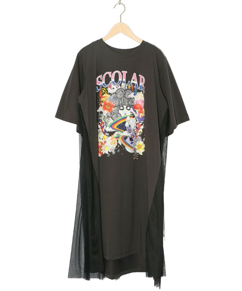 スカラー×コラージュ柄 チュール重ねワンピース-8