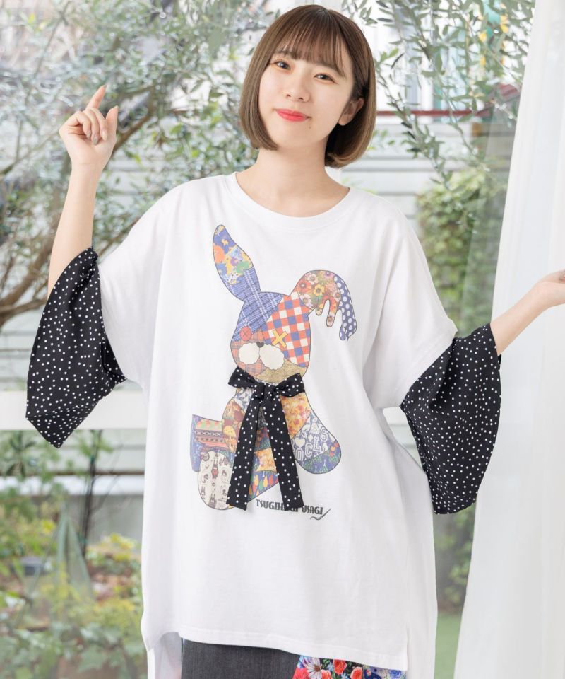 パッチワークウサギ柄 ドット切替BIG-Tシャツ-1