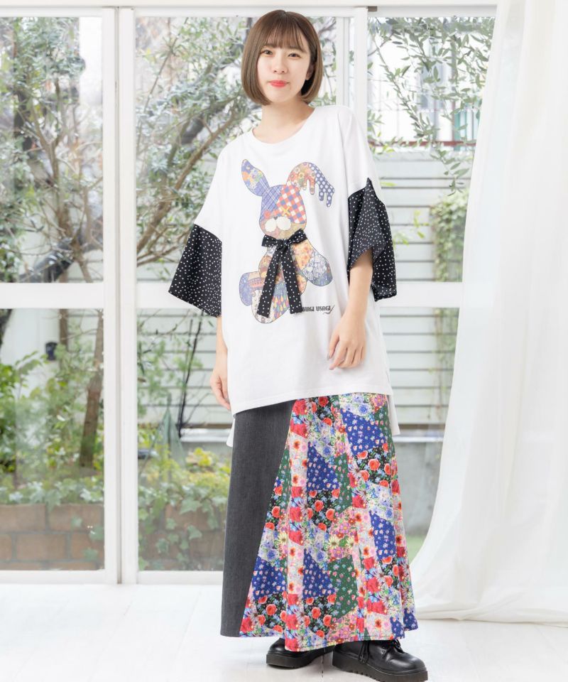 パッチワークウサギ柄 ドット切替BIG-Tシャツ-2