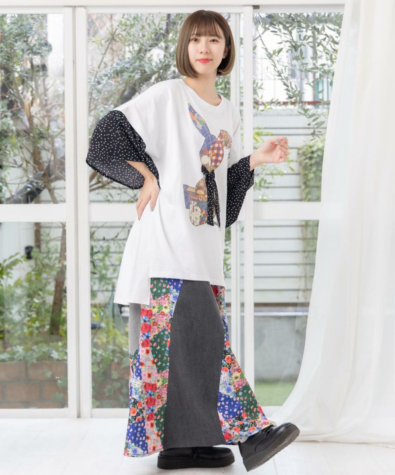 パッチワークウサギ柄 ドット切替BIG-Tシャツ-3