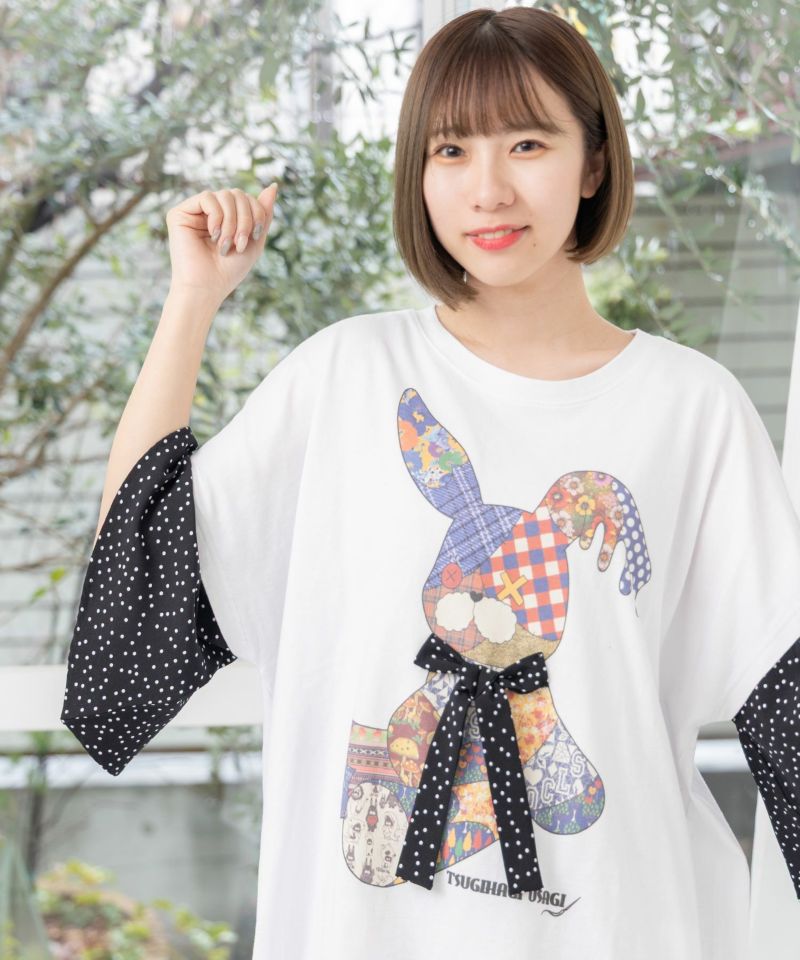 パッチワークウサギ柄 ドット切替BIG-Tシャツ-4