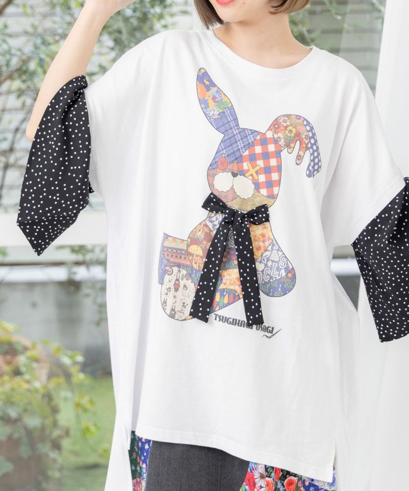 パッチワークウサギ柄 ドット切替BIG-Tシャツ-7