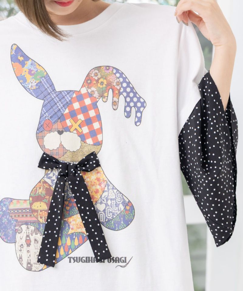 パッチワークウサギ柄 ドット切替BIG-Tシャツ-8