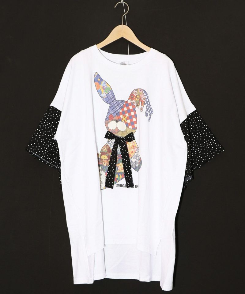 パッチワークウサギ柄 ドット切替BIG-Tシャツ-11