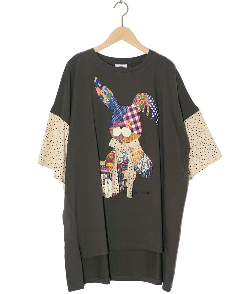 パッチワークウサギ柄 ドット切替BIG-Tシャツ-13