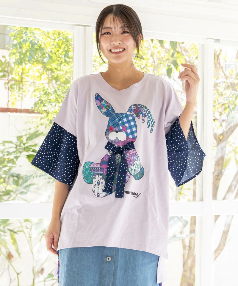 パッチワークウサギ柄 ドット切替BIG-Tシャツ-17