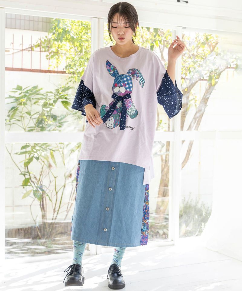 パッチワークウサギ柄 ドット切替BIG-Tシャツ-18