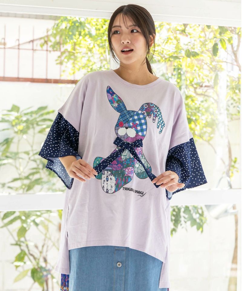 パッチワークウサギ柄 ドット切替BIG-Tシャツ-19