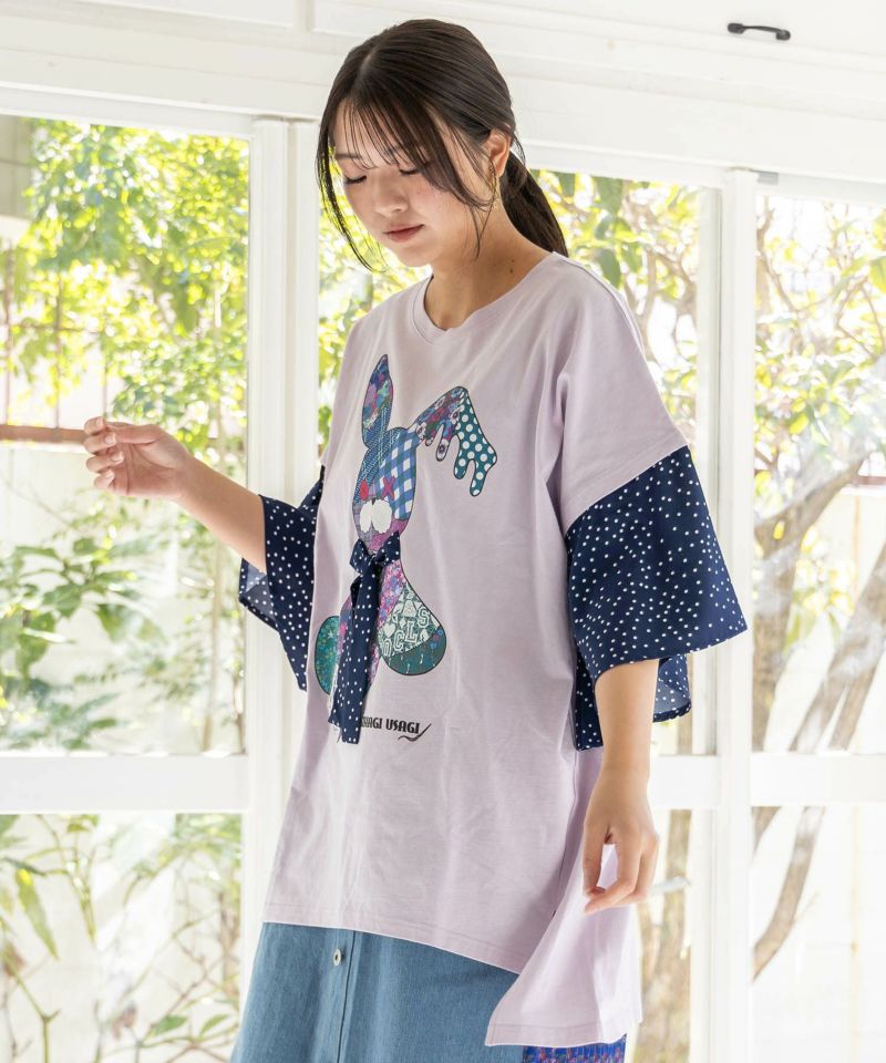 パッチワークウサギ柄 ドット切替BIG-Tシャツ-20