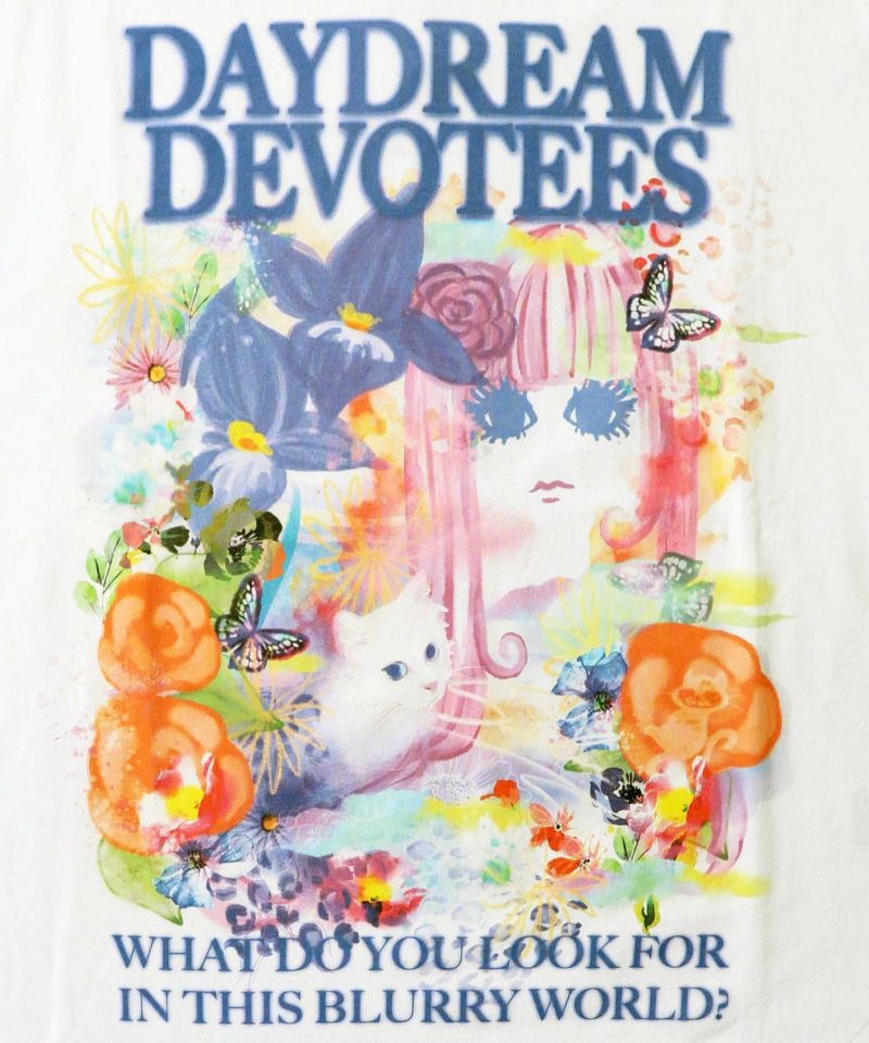 女の子とネコ花柄 アートメルヘンTシャツ-6