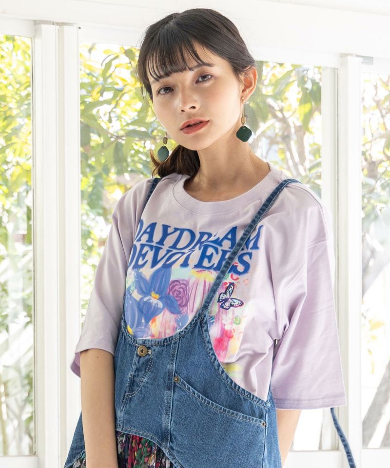 女の子とネコ花柄 アートメルヘンTシャツ-20