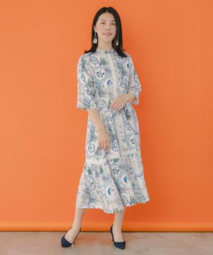 花蝶カトラリー×レースプリント前開きワンピース-1