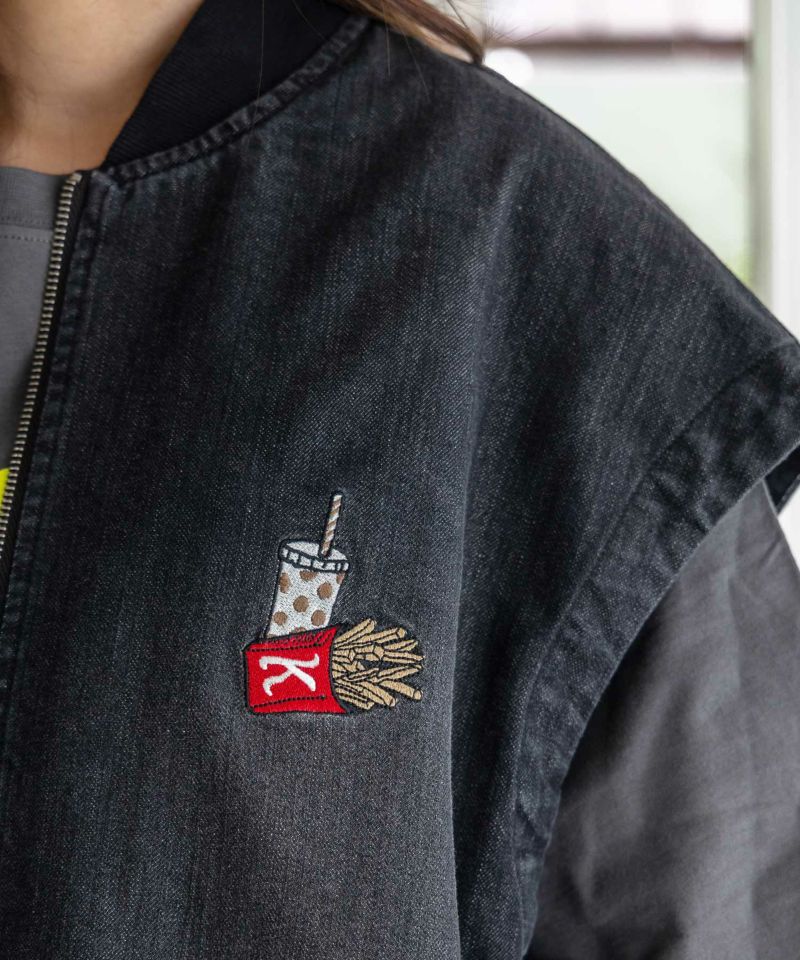 ジャンクフードとクマ・ウサギ刺繍デニムベスト-4