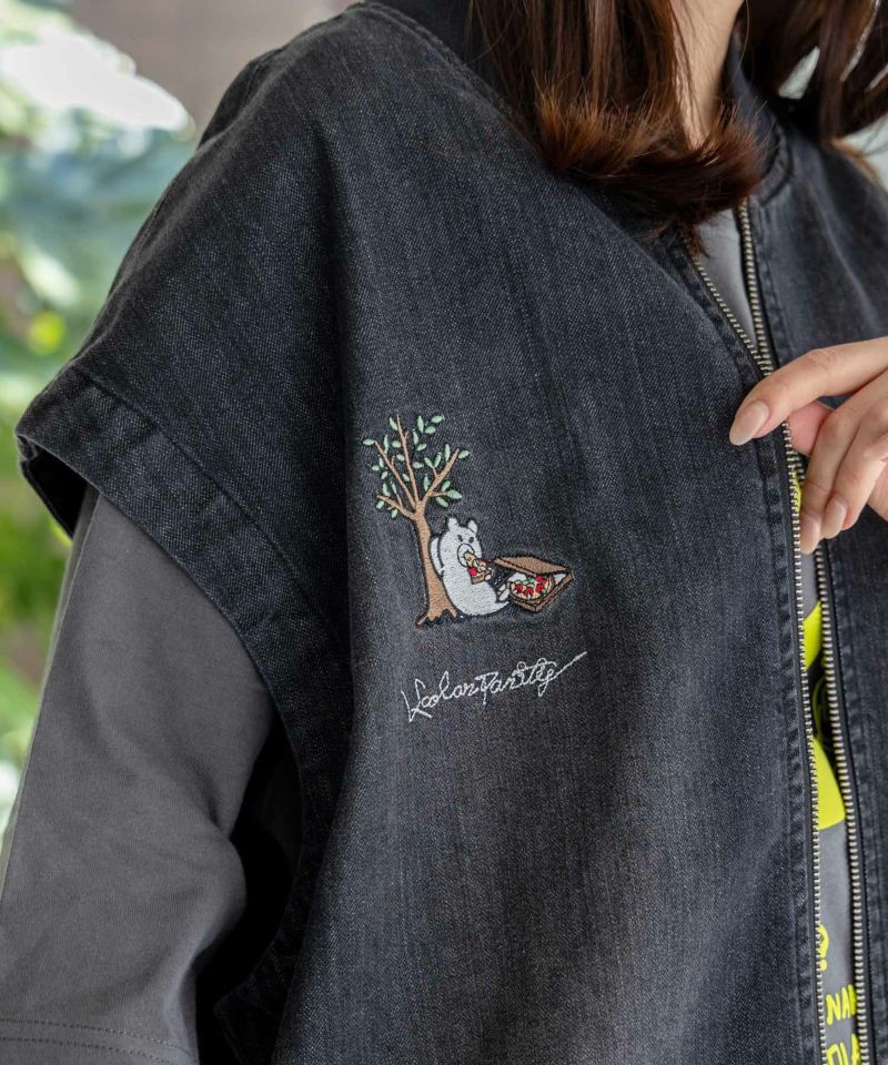 ジャンクフードとクマ・ウサギ刺繍デニムベスト-6