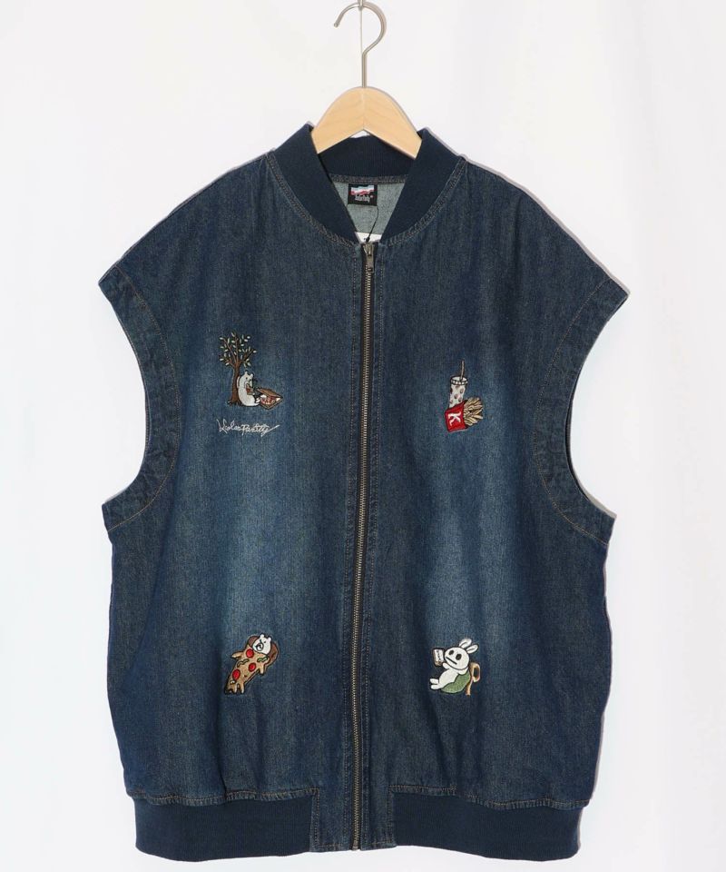 ジャンクフードとクマ・ウサギ刺繍デニムベスト-10