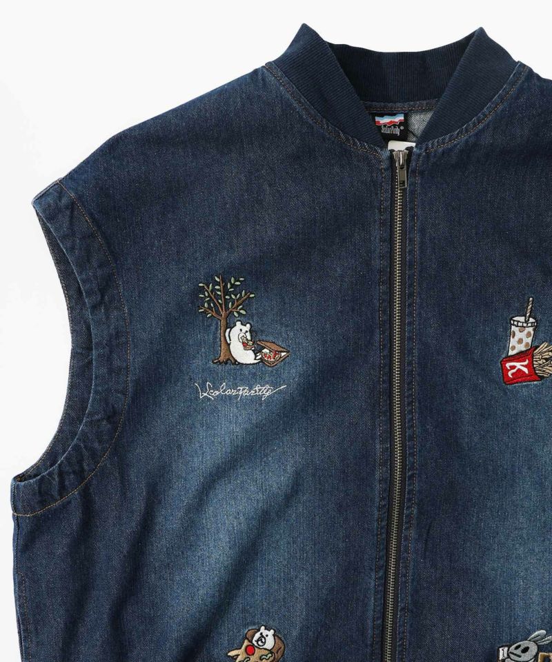 ジャンクフードとクマ・ウサギ刺繍デニムベスト-11