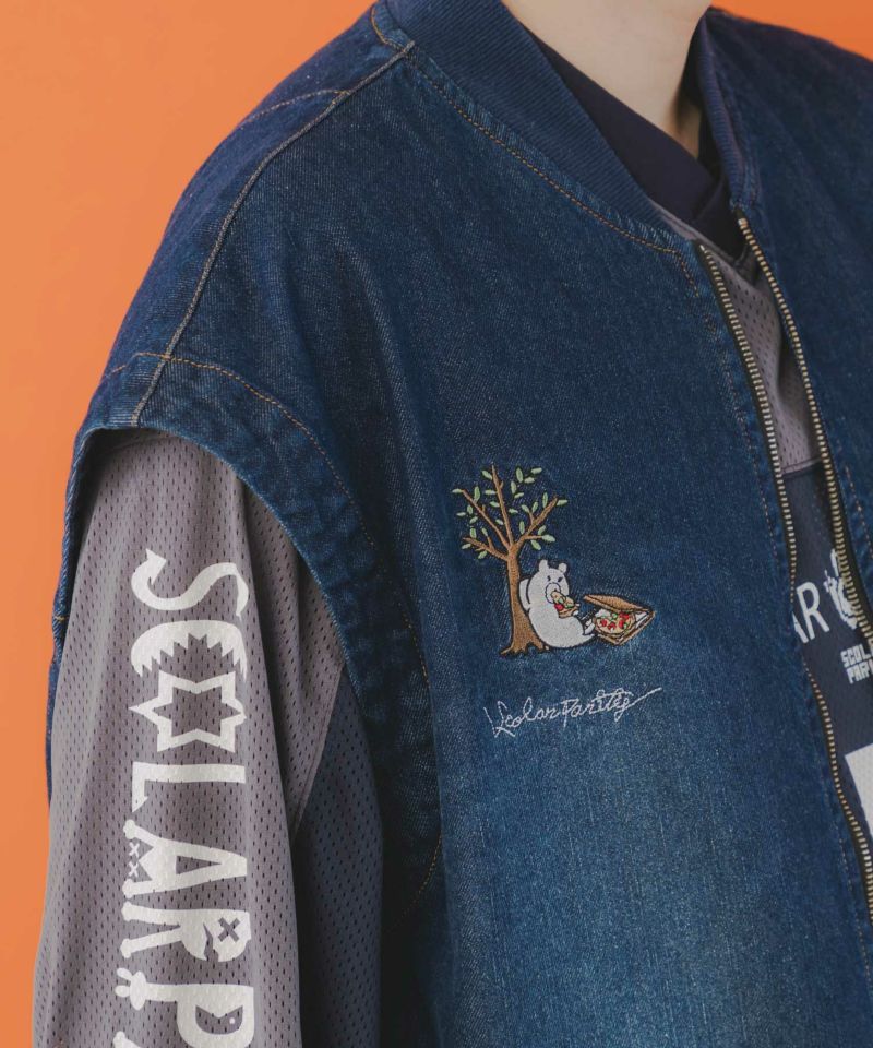 ジャンクフードとクマ・ウサギ刺繍デニムベスト-17