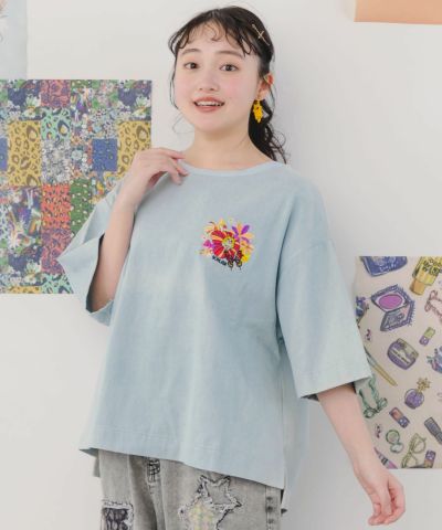 151687：ぷりぷりキノコとネコ花刺繍 デニムTシャツ