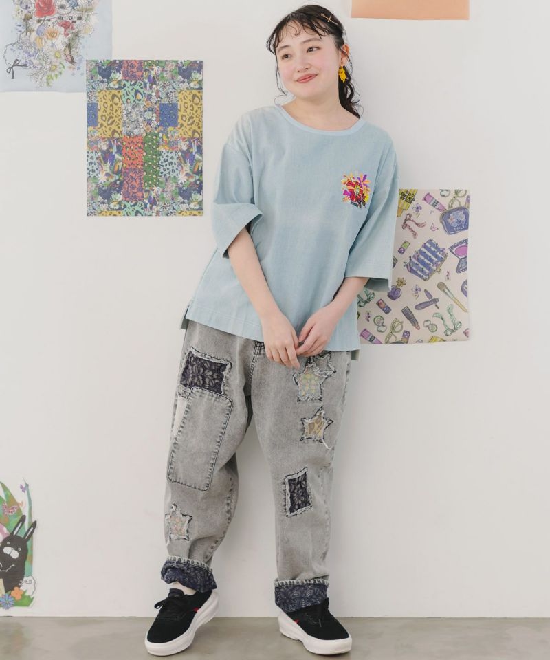 ぷりぷりキノコとネコ花刺繍 デニムTシャツ-2