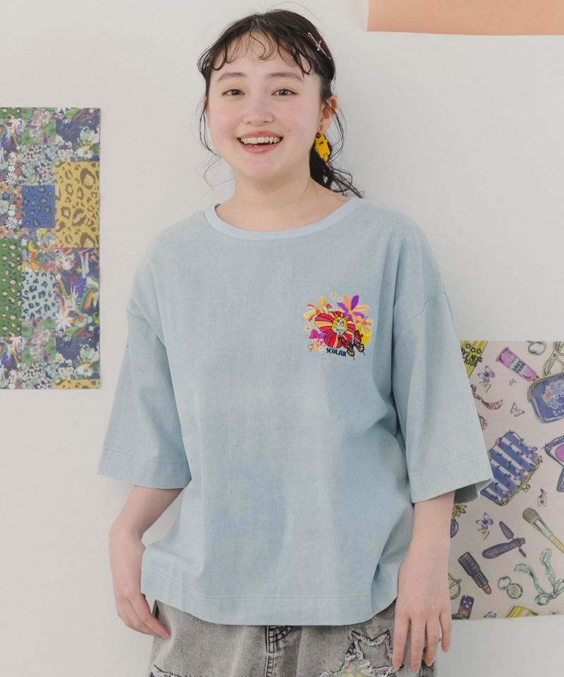 ぷりぷりキノコとネコ花刺繍 デニムTシャツ-3