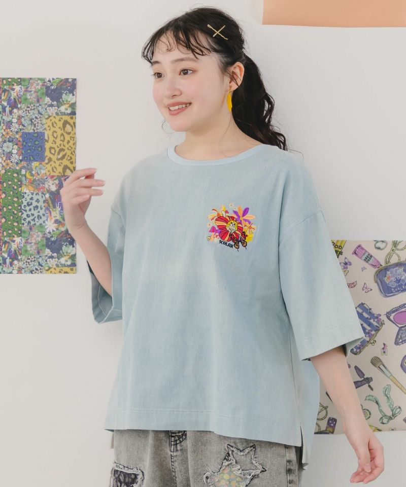ぷりぷりキノコとネコ花刺繍 デニムTシャツ-4