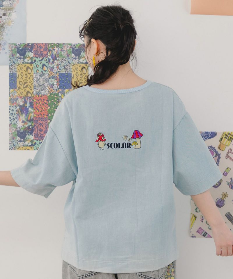 ぷりぷりキノコとネコ花刺繍 デニムTシャツ-5